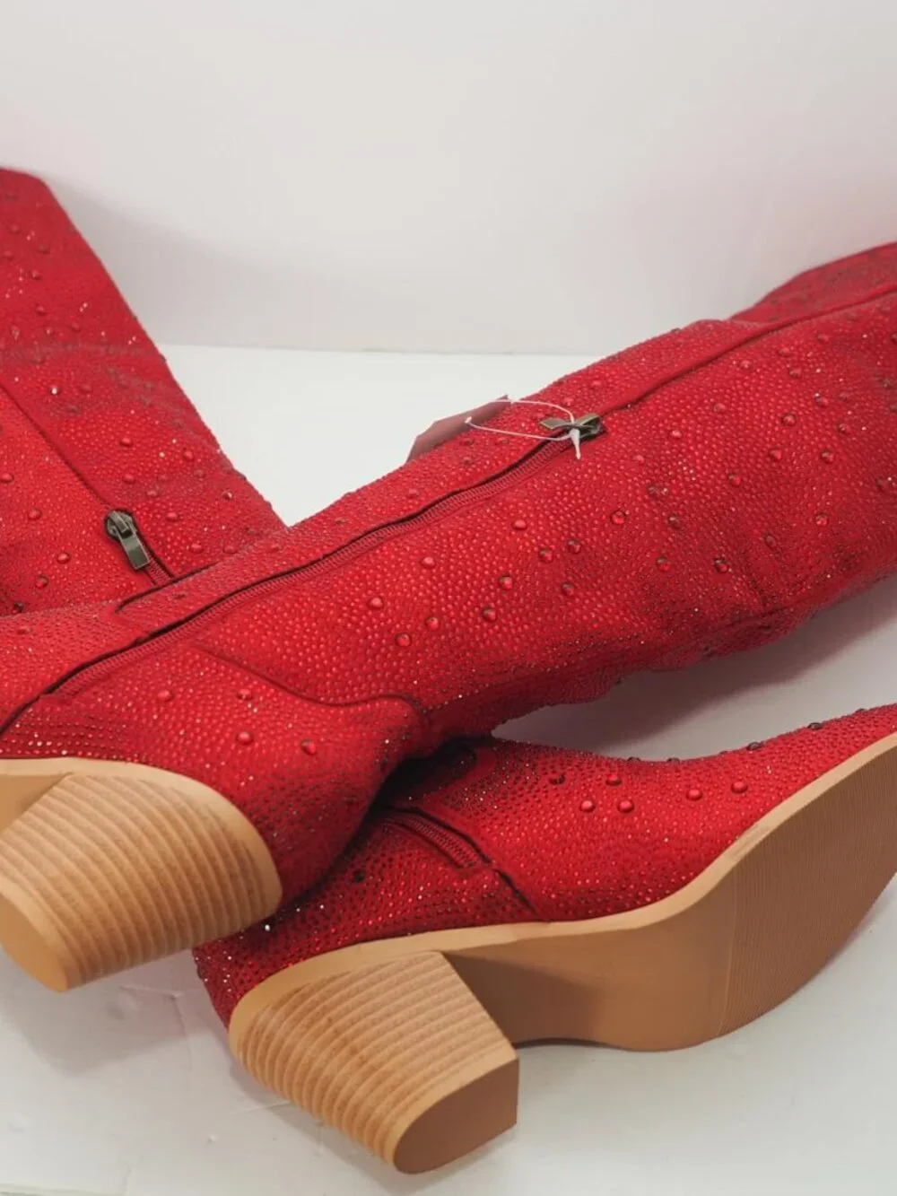 Women's  Red Over Knee Pointed Toe Sparkly Chunky Heel Thigh High Boots